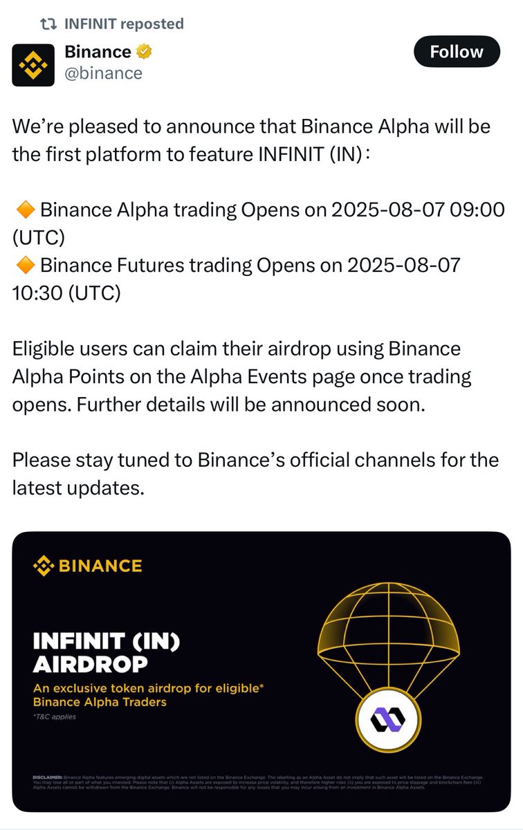 Finally it is official!!!!

$IN TGE date is 7th August!!!

INFINIT would be getting listed on Binance and I’m sure other top exchanges would follow suit. 

Are you ready?