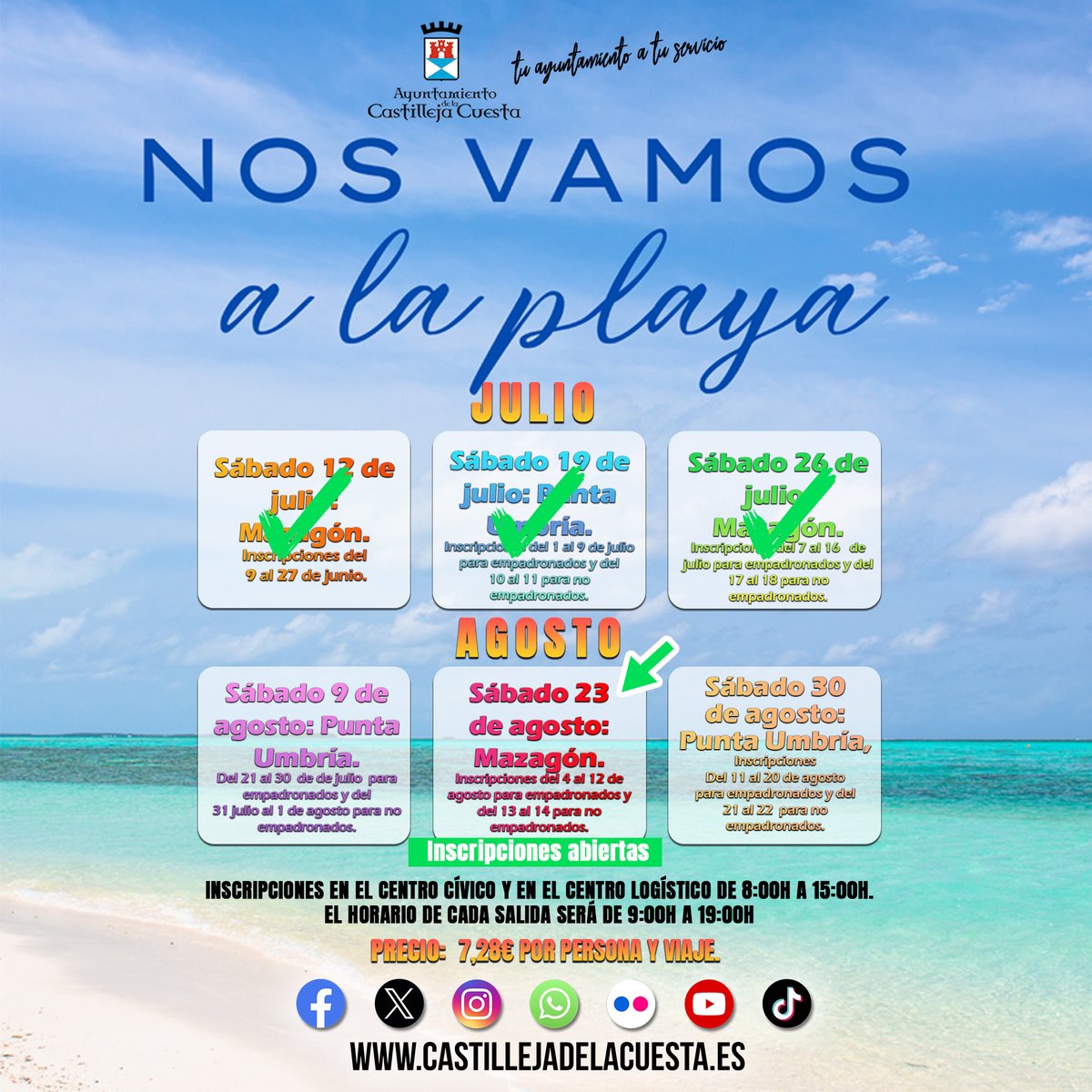 ⛱ RECUERDA... ¡¡Nos vamos a la playa TAMBIÉN en el mes de  agosto!!
🔔¡¡INSCRIPCIONES ABIERTAS!! En Centro Cívico y en el Centro Logístico.
📍 23de agosto – Mazagón

#ViveElVeranoEnCastilleja
