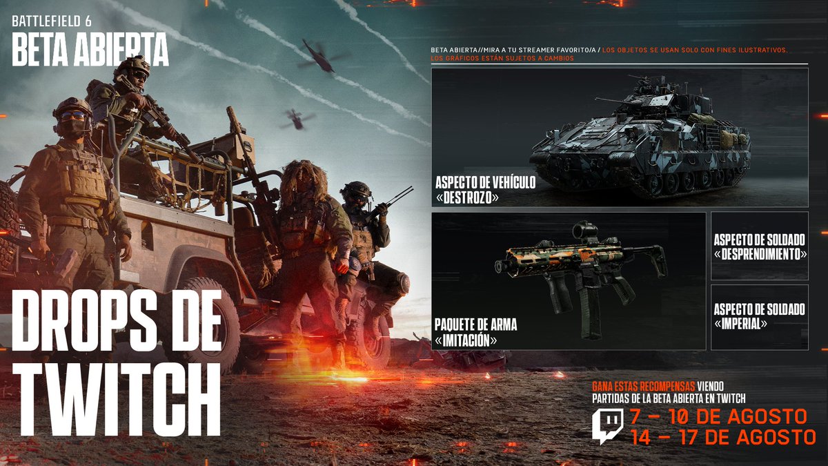 DROPS DE LA BETA ABIERTA DE #Battlefield6
-Mira 30 minutos y consigue acceso a la beta
-1 hora para el paquete de armas «Mimo»
-2 horas para el aspecto de soldado «Desprendimiento» -3 horas para el aspecto de vehículo «Añicos»
-4 horas para el aspecto de soldado «Imperial»
