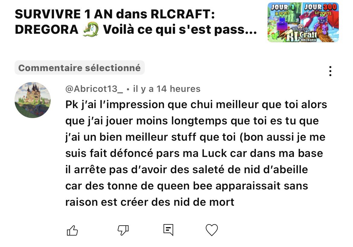 POV Joueur Minecraft:

« Je sais pas pk je suis meilleure que toi mais genre mieux que toi et pourtant je suis nul mais meilleur que toi, parce que c’est moi le personnage principal, mais quand même je suis mieux que toi, bref t’es une merde… j’suis mieux en tout points. »