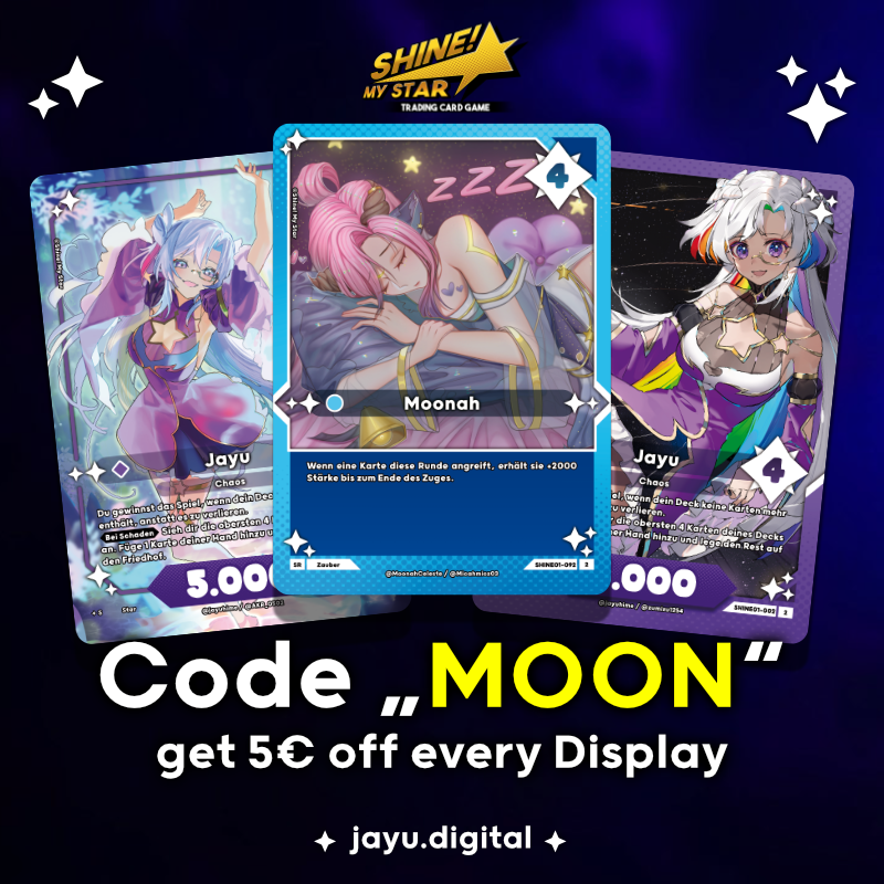 🚨Second Set is HERE! 🚨

Presales for Shine! My Star TCG close THIS SUNDAY 

💙 Code MOON = 5€ off every display
🛒 jayu.digital

Pull my holo card from a pack or regret it forever 😏✨

#TCG #TradingCardGame #ShineMyStar #VTuber