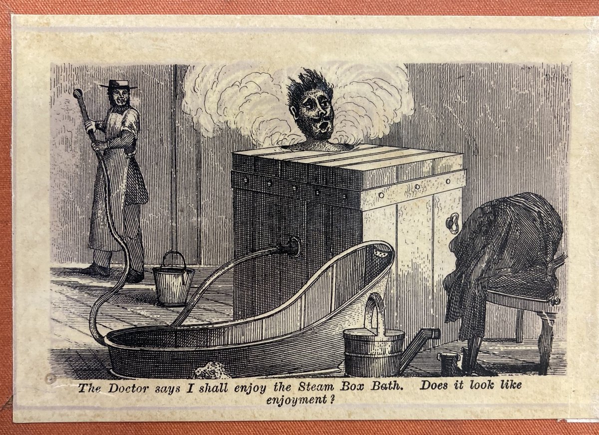 DerbyshireDRO's tweet image. We’re not sure if our #ArchiveOfTheWeek, this ‘Water Cure’ booklet, would tempt us to take the waters at Smedley’s Hydro. The tiny souvenir of comic images is part of a collection of ephemera for the hydro established in Matlock in 1853. 😬

#EYAHumour