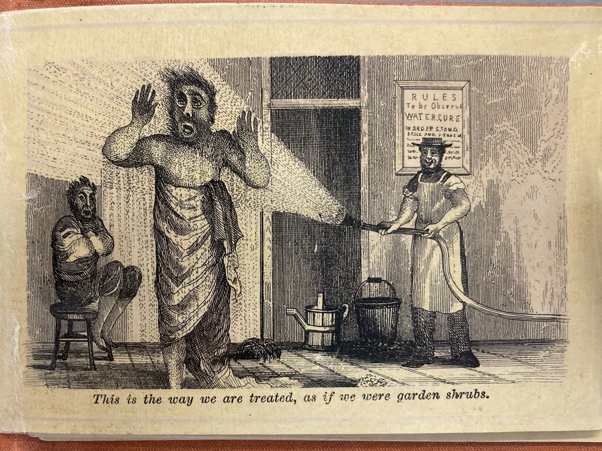 DerbyshireDRO's tweet image. We’re not sure if our #ArchiveOfTheWeek, this ‘Water Cure’ booklet, would tempt us to take the waters at Smedley’s Hydro. The tiny souvenir of comic images is part of a collection of ephemera for the hydro established in Matlock in 1853. 😬

#EYAHumour