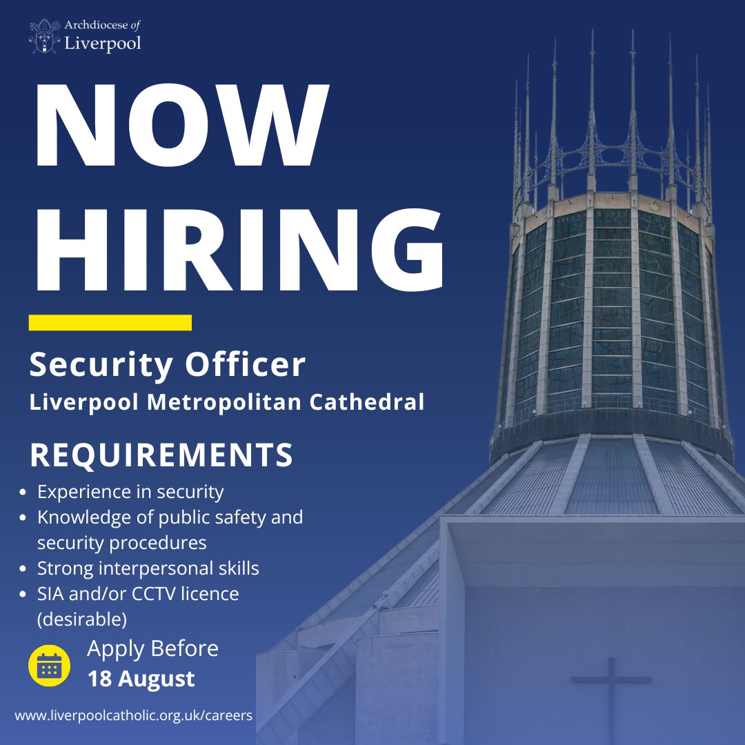 📢 We’re hiring!

Join the Security Team at the Metropolitan Cathedral, Liverpool.

🕐Full-time | £22,932 per year | 2-week rota
🛡 Safeguard the Cathedral, Crypt and grounds
📆Apply by Monday 18 August at 5pm

More info &amp; apply: liverpoolcatholic.org.uk/careers