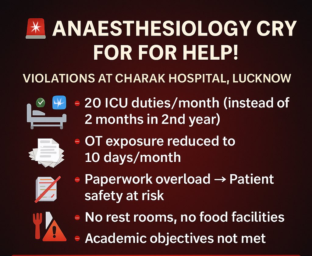 Dr.Arun Kumar (@drarunkofficial) on Twitter photo Anaesthesiology Residents Cry for Help!
<a href="/CharakHospital/">Charak Hospital</a> , Lucknow, NBE curriculum is being ignored.Residents are overworked,undertrained & mentally exhausted.This is risking patient safety & doctors’ futures.
<a href="/NbeIndia/">National Board of Examinations</a> <a href="/MoHFW_INDIA/">Ministry of Health</a> <a href="/JPNadda/">Jagat Prakash Nadda</a> <a href="/UDF_BHARAT/">UNITED DOCTORS FRONT (UDF)</a> <a href="/ANI/">ANI</a> <a href="/PTI_News/">Press Trust of India</a> <a href="/NMC_IND/">National Medical Commission</a> Anaesthesiology Residents Cry for Help!
<a href="/CharakHospital/">Charak Hospital</a> , Lucknow, NBE curriculum is being ignored.Residents are overworked,undertrained & mentally exhausted.This is risking patient safety & doctors’ futures.
<a href="/NbeIndia/">National Board of Examinations</a> <a href="/MoHFW_INDIA/">Ministry of Health</a> <a href="/JPNadda/">Jagat Prakash Nadda</a> <a href="/UDF_BHARAT/">UNITED DOCTORS FRONT (UDF)</a> <a href="/ANI/">ANI</a> <a href="/PTI_News/">Press Trust of India</a> <a href="/NMC_IND/">National Medical Commission</a>