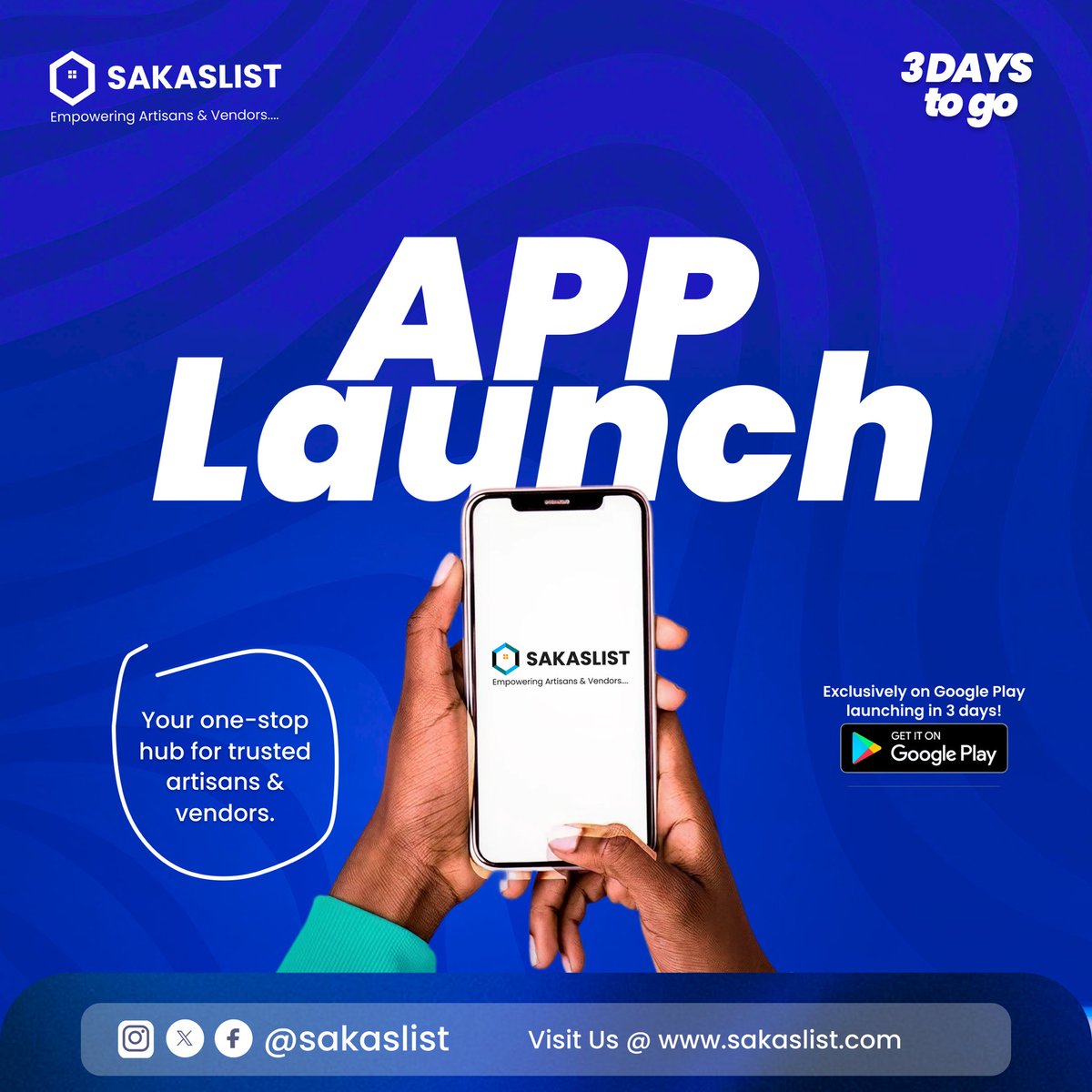 Sakaslist's tweet image. This Friday be there The SakasList App is launching 🎉
Your one-stop hub for trusted artisans and vendors is here
Discover a world of unique products and skilled services right at your fingertips
Be the first to download on 
#SakaslistApp #AppLaunch #SupportLocal