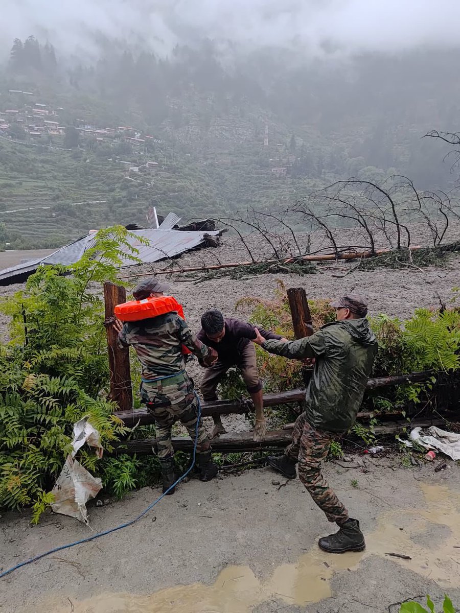 AdityaRajKaul's tweet photo. INDIAN ARMY CONDUCTS SWIFT RESCUE OPERATIONS AFTER LANDSLIDE NEAR DHARALI, UTTARAKHAND

A landslide occurred near Dharali village, approximately 4 km from the Indian Army Camp at Harshil, at around 1:45 PM today.

Responding with urgency, the Indian Army mobilised *150 personnel who reached the site within 10 minutes* and immediately commenced rescue operations.

So far, *15–20 individuals have been successfully evacuated*, with the injured receiving *prompt medical treatment* at the Indian Army medical facility in Harshil.

Search and rescue efforts are ongoing, with all available resources being deployed to locate and evacuate any remaining stranded persons.

The situation is under continuous monitoring, and the Indian Army remains fully committed to providing all possible assistance to the affected civilians.