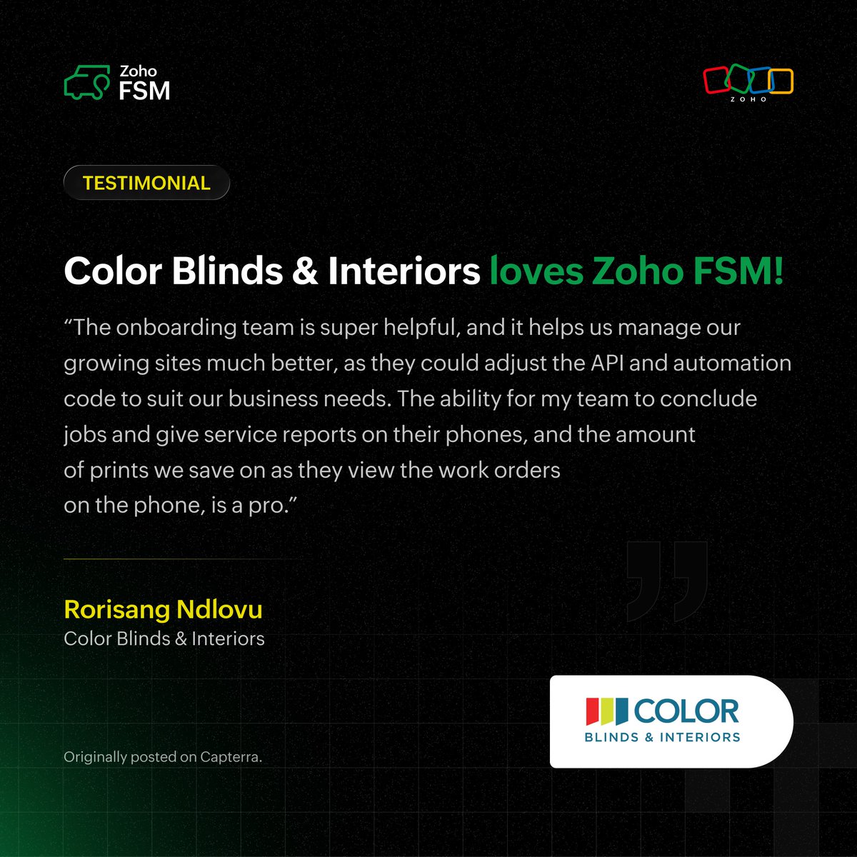 Rorisang Ndlovu from Color Blinds &amp; Interiors shares how Zoho FSM helps their team close jobs faster, send reports on the go, and cut down on paperwork right from their phones.
Try Zoho FSM for your service business: zurl.co/WlJ5L
#CustomerTestimonial #ZohoFSM #Zoho