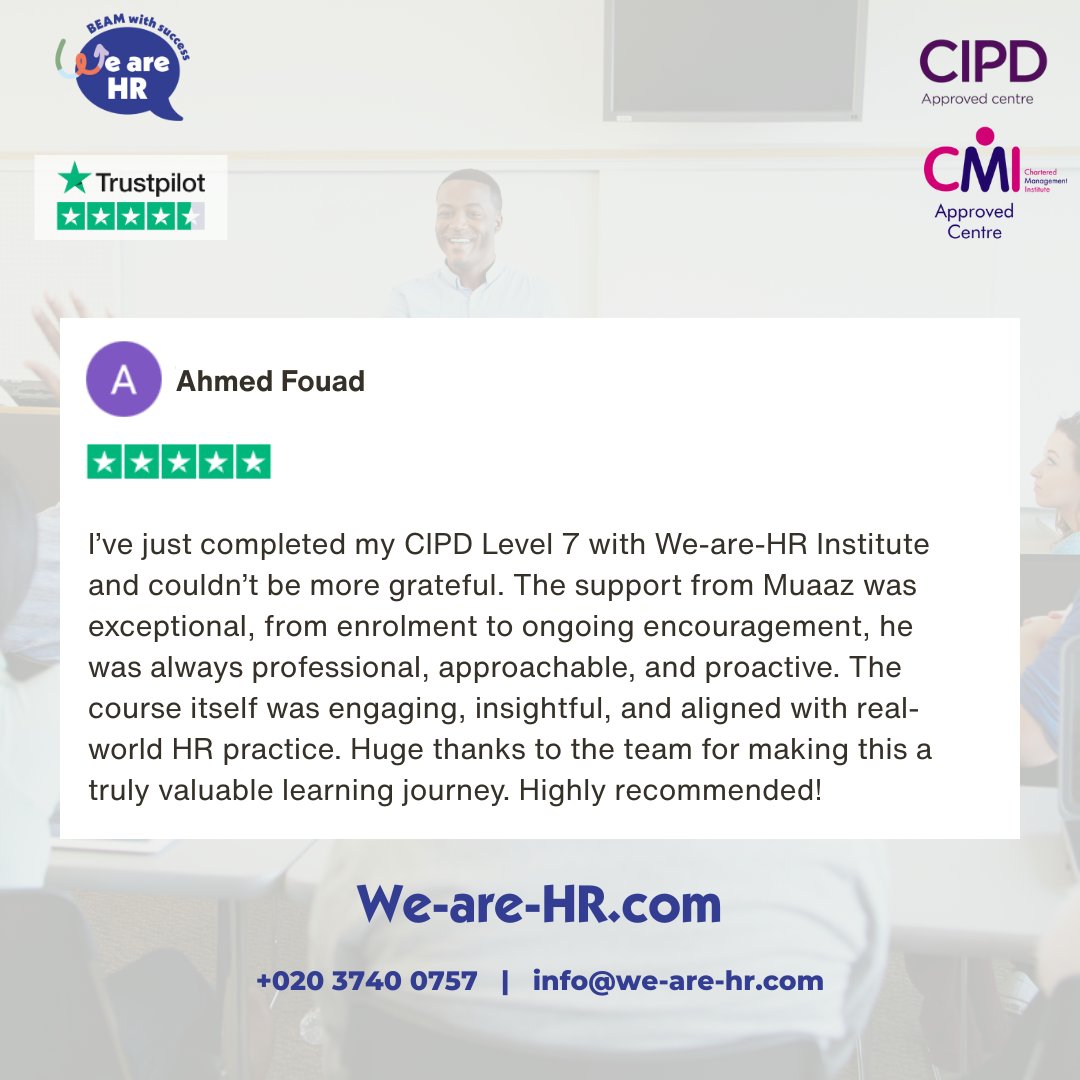 wearehruk's tweet image. 🎓 Another CIPD Level 7 success story!
At We-are-HR, we don’t just deliver qualifications; we support learners every step of the way.

Visit us at: zurl.co/2NBhe

#CIPDLevel7 #HRTraining #LearnerSuccess #WeAreHR #HR #CIPD #CMI