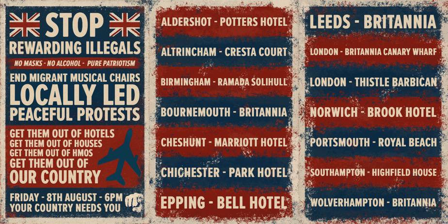 🚨BREAKING: British citizens are planning a massive nationwide protest on August 8, 2025, at 6 PM outside migrant hotels.

14 locations across the UK will unite in a powerful stand. 

Britain is uniting against government and media narratives, they’re fed up.

Britain is awake.