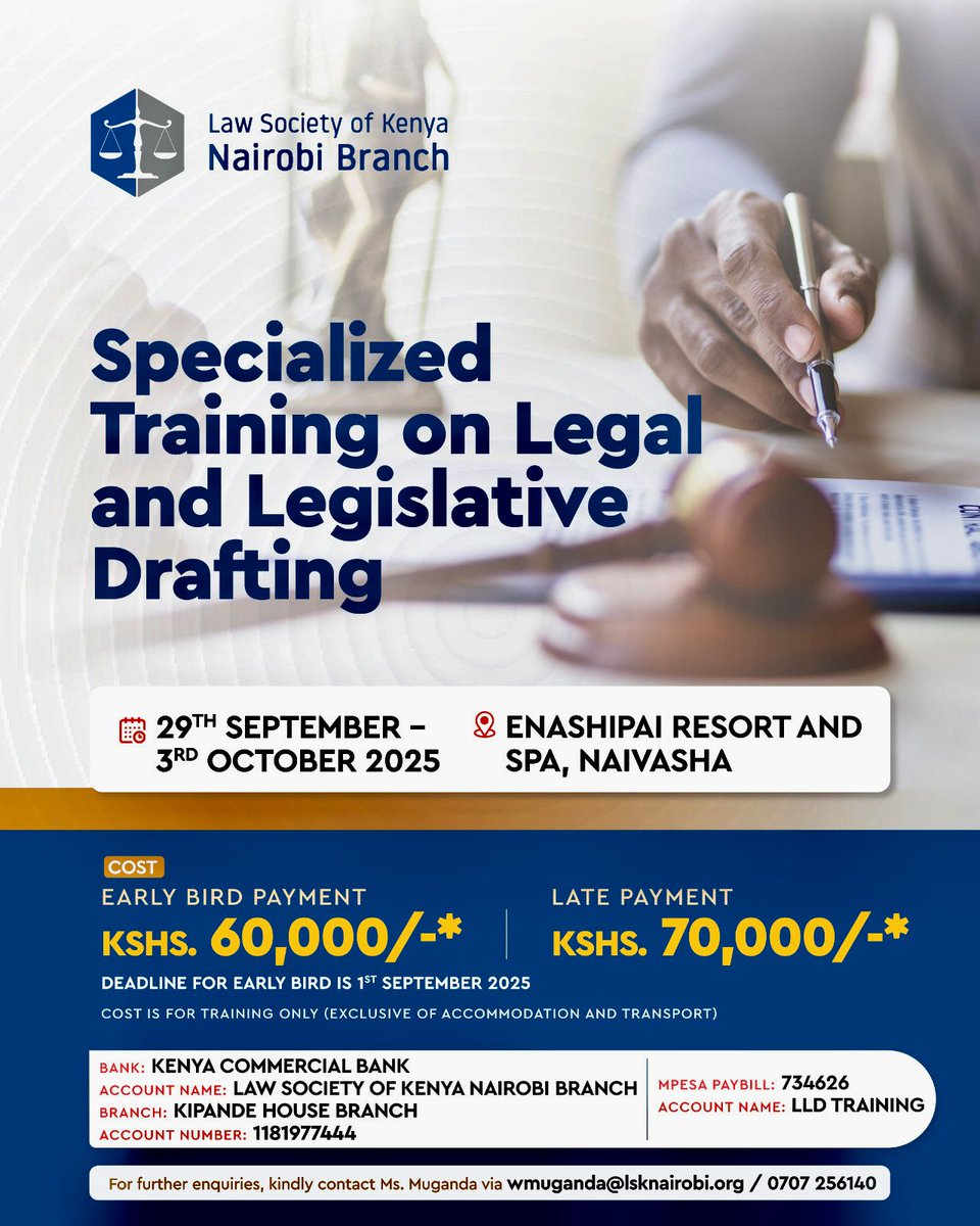 The In-House Counsel Committee invites you to attend a 5-day specialized training on legal and legislative drafting training. The training will be held from 29th September - 3rd October 2025 at Enashipai Resort, Naivasha.