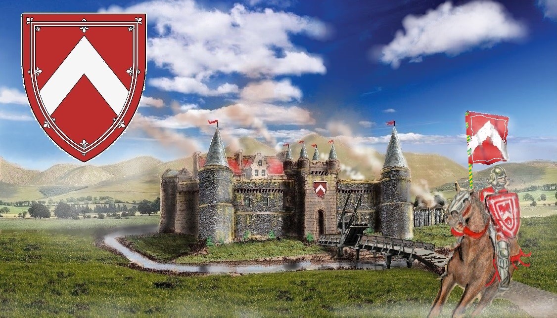 Similar heraldry Knolles of Chateau ile Yeu has a chevron argent wth three roses. Hepburn of Hailes has a single rose. Kerr of Cessford have three stars and Fleming of Biggar is blank. Some claimed the chevron represents pouring out the Cup of Christ not acknowledging the Church!