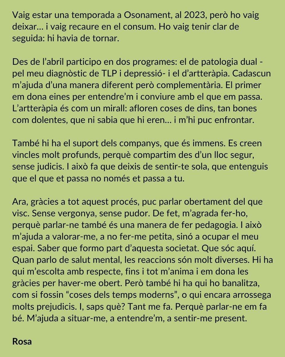 💬 EN PRIMERA PERSONA La Rosa comparteix la seva experiència a Osonament: un camí d’autoconeixement i reconeixement a partir del grup de patologia dual, l'artteràpia i el vincle amb els altres. Gràcies per recordar-nos que parlar de #salutmental també és fer pedagogia. ENDAVANT!