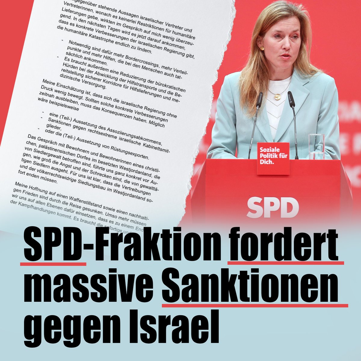 Die stellvertretende Fraktionschefin der SPD, Siemtje Möller, hat in einem Brief an die Abgeordneten der SPD-Fraktion die Notwendigkeit erheblicher Sanktionen gegen Israel betont. nius.de/politik/news/s…