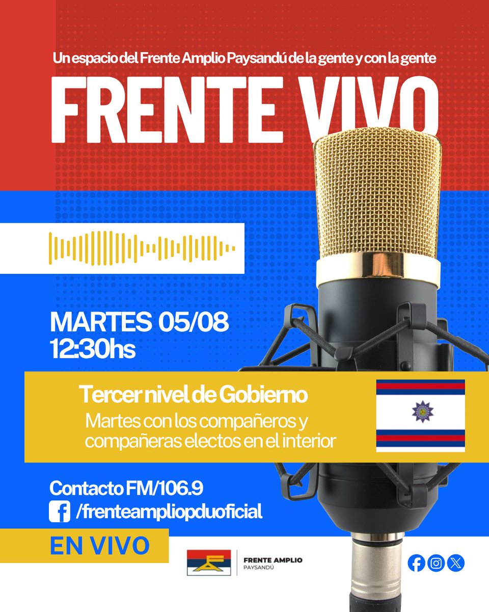 Nos encontramos en FM Contacto y por facebook #frenteampliopduoficial
Hoy con los compañeros y compañeras que asumieron en los concejos municipales.
Guichon: Nicolás Parra 
Lorenzo Geyres: José Giardelo y Nivia Mattiauda 
Porvenir: Darinka Reimundez 
Quebracho: Hortencia Recarte