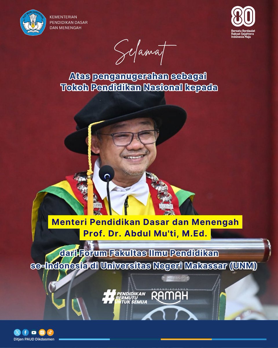 Selamat atas penganugerahan Tokoh Pendidikan Nasional kepada Prof. Dr. Abdul Mu’ti, M.Ed. dari Forum Fakultas Ilmu Pendidikan se-Indonesia di Universitas Negeri Makasar (UNM)

Gelar ini bukti komitmen beliau dalam menghadirkan pendidikan yang kuat, bermutu dan merata untuk semua.
