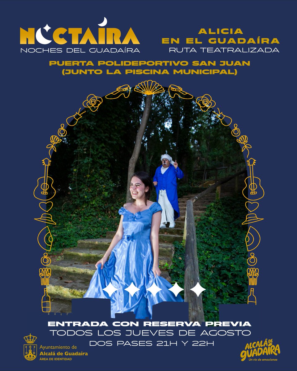 🌙 NOCTAÍRA ⭐️
Hoy, a partir de a las 10:00h, están
disponibles las entradas para la ruta teatralizada
“Alicia en el Guadaíra” del jueves 14 de agosto
📍Puerta del Polideportivo San Juan
⏰2 pases: a las 21.00h y a las 22.00h
ℹ️ Apta para todos los públicos
🎫 Web ayuntamiento