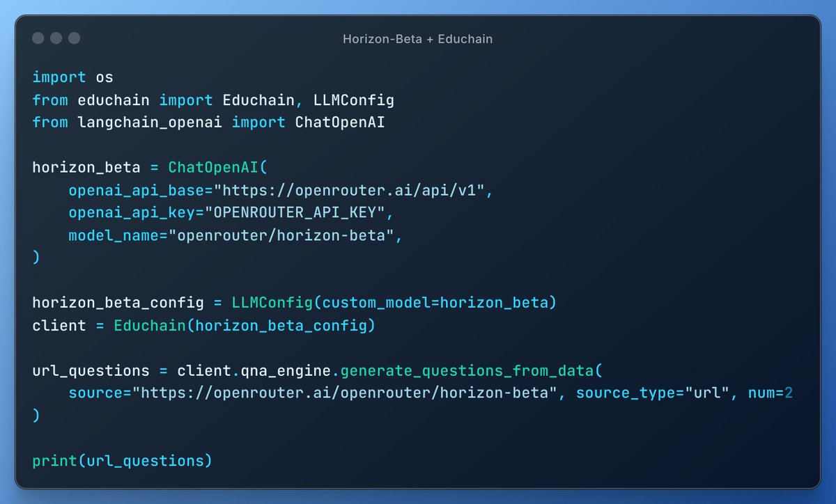 Build Fast with AI (@buildfastwithai) on Twitter photo <a href="/OpenRouterAI/">OpenRouter</a> Released Horizon Beta β Could This Be the GPTβ5 Preview?
We tested it with <a href="/EduchainWithAI/">Educhain AI</a> an AI-powered Python library for educational content and the results were π₯
- Crushed Content Generation
- Struggles with Visual Reasoning
π Try the code yourself: <a href="/OpenRouterAI/">OpenRouter</a> Released Horizon Beta β Could This Be the GPTβ5 Preview?
We tested it with <a href="/EduchainWithAI/">Educhain AI</a> an AI-powered Python library for educational content and the results were π₯
- Crushed Content Generation
- Struggles with Visual Reasoning
π Try the code yourself: