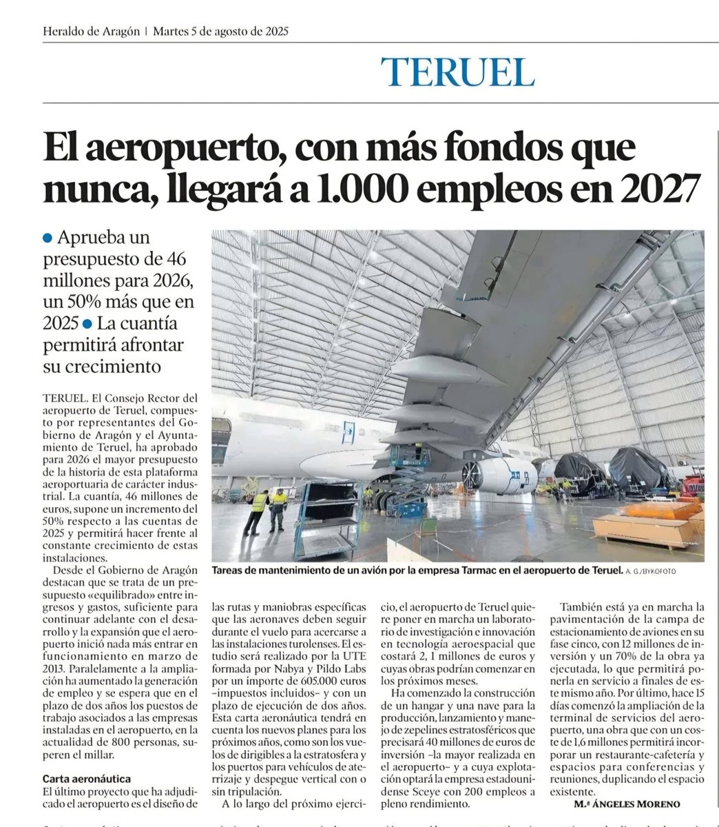 Aeropuerto de Teruel, vuela la innovación (@aeropuerteruel) on Twitter photo El aeropuerto de Teruel, con el mayor presupuesto de su historia de 46 millones €, con un incremento del 50% respecto 2025, superará los 1.000 empleos en 2027.
#sostenibilidad #empleo #aeronáuticateruel heraldo.es/noticias/arago… vía <a href="/heraldoes/">Heraldo de Aragón</a> El aeropuerto de Teruel, con el mayor presupuesto de su historia de 46 millones €, con un incremento del 50% respecto 2025, superará los 1.000 empleos en 2027.
#sostenibilidad #empleo #aeronáuticateruel heraldo.es/noticias/arago… vía <a href="/heraldoes/">Heraldo de Aragón</a>