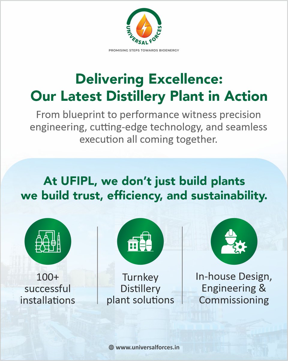 Universalforc's tweet image. UFIPL delivers again!
Our latest distillery project combines smart design, precision execution &amp;amp; sustainability.
100+ successful installations &amp;amp; turnkey EPC you can trust.
🌐 universalforces.in | ☎️ +91 9763717138
#UFIPL #DistillerySolutions #WeLoveBiofuel