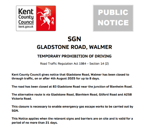 Walmer, Gladstone Road: Will be closed until 11th August near the junction of Blenheim Road to enable emergency gas escape works to be carried out by SGN.: moorl.uk/?y8tzd3