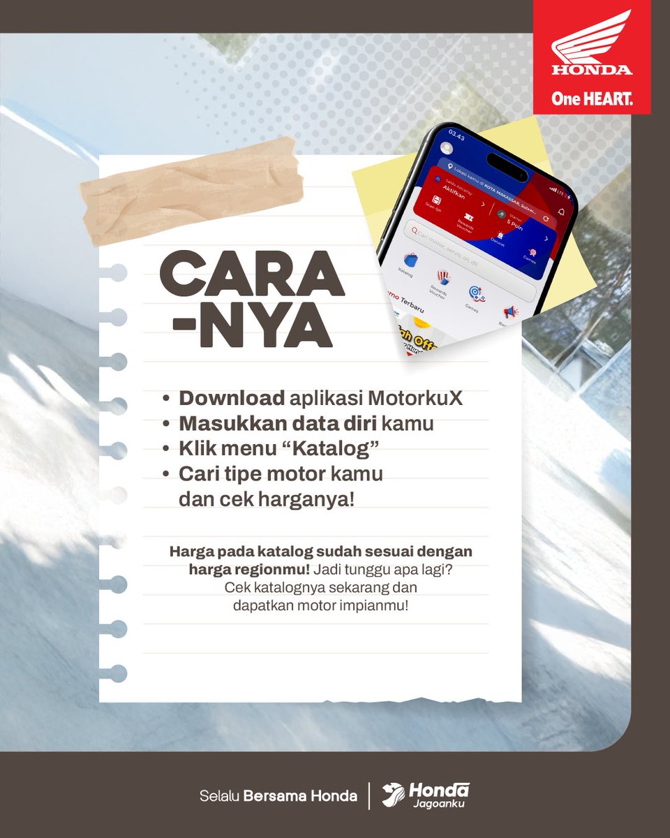 Cek katalog motor Honda dari rumah? Bisa dong!

Langsungki’ download MotorkuX dan pilih fitur Katalog.

Cobaki sekarang dan temukan motor impianta’ nah, BroSis. 💯

#Honda #HondaJagoanku #SelaluBersamaHonda #MotorkuX