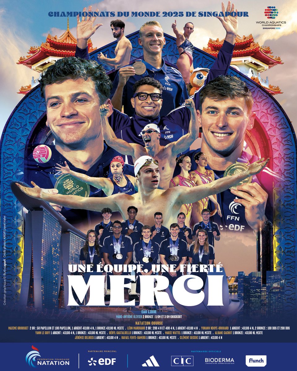 FFNatation's tweet image. Une équipe. Une fierté. MERCI 💙🤍❤️
#TeamFFN #Singapour2025 #UneÉquipeUneFierté #ChampionnatsDuMonde #MerciLesBleus