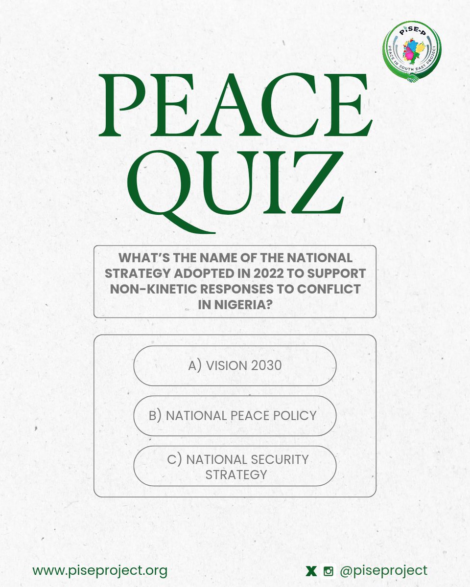 PiseProject's tweet photo. Don't forget to come back for next week's quiz!

#PeaceQuizTuesday #PeaceInSouthEast #PeaceInSouthEastProject #PISEProject #PISEP #UdoKaNma #PeaceIsBetter #NonKineticApproach https://t.co/eCPLgdat7x