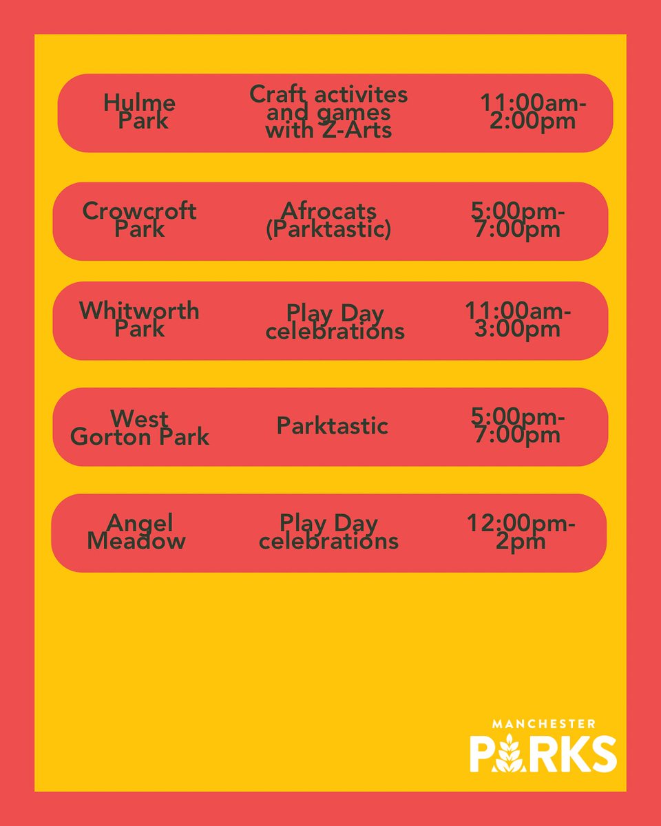 MCRparks (@mcrparks_) on Twitter photo All this is happening for #NationalPlayDay in parks! Get outside tomorrow and celebrate the joy of play at our many free activities happening all across Manchester🛝🖌️
See you there!🤩 All this is happening for #NationalPlayDay in parks! Get outside tomorrow and celebrate the joy of play at our many free activities happening all across Manchester🛝🖌️
See you there!🤩