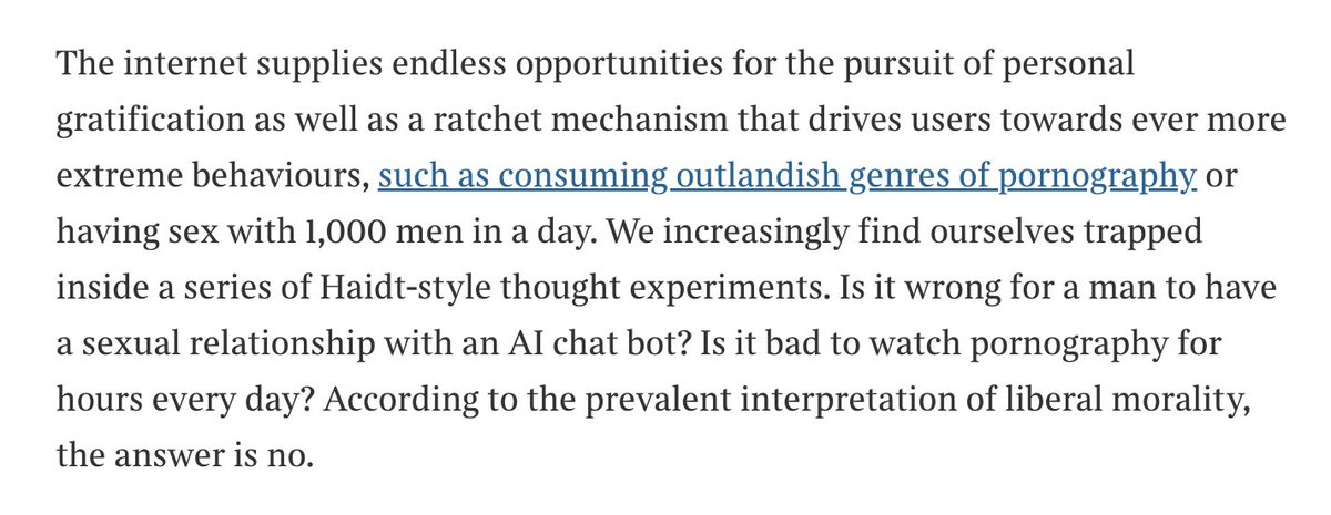 Jonathan Haidt (@jonhaidt) on Twitter photo Here's a great application of my old work on moral dumbfounding to life on the internet today. A harm-based morality struggles to say that harmless depravity is wrong. Like, is it wrong for a woman to have sex with 1,000 men in 1 day?
By <a href="/j_amesmarriott/">James Marriott</a>
thetimes.com/comment/column… Here's a great application of my old work on moral dumbfounding to life on the internet today. A harm-based morality struggles to say that harmless depravity is wrong. Like, is it wrong for a woman to have sex with 1,000 men in 1 day?
By <a href="/j_amesmarriott/">James Marriott</a>
thetimes.com/comment/column…