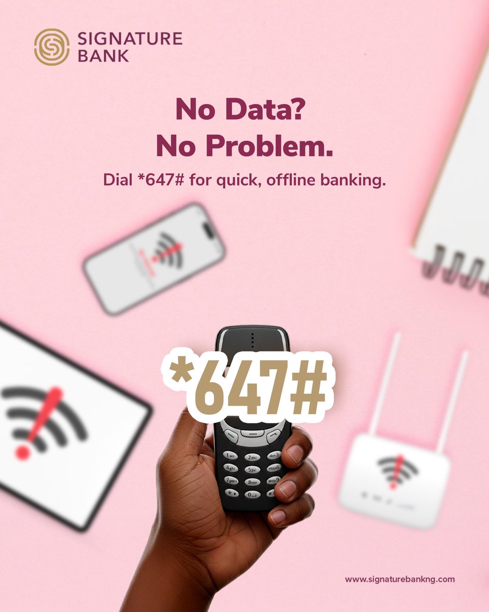 You deserve options.
With Signature Bank, you can:
•Bank on your phone
•Pay with your card
•Transact without data

Three channels. One Signature experience.
#SignatureBankNG #MakeYourMark #BankingMadeEasy
