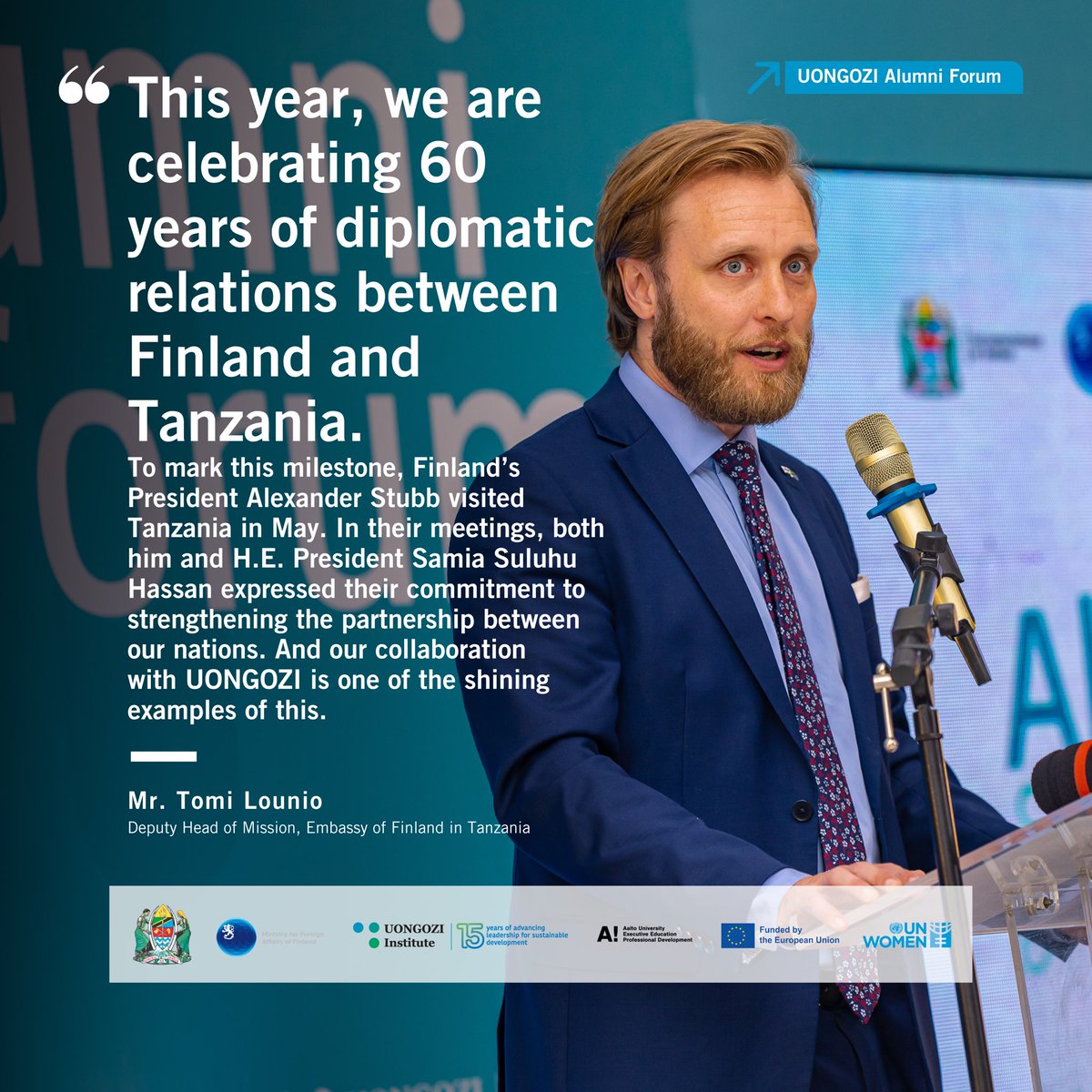 Mr. Tomi Lounio: UONGOZI Institute is one of the shining examples of the long and fruitful partnership between Finland 🇫🇮 and Tanzania 🇹🇿

#UONGOZIAlumni2025 #Leadership4SDGs <a href="/FinnishEmbTZ/">FinnishEmbassyTZ</a>