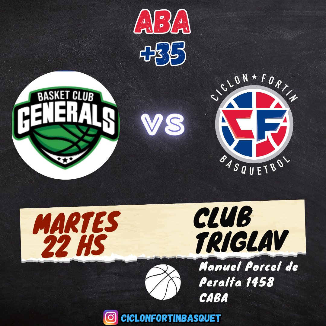 Ciclon Fortin Basquet (@basquetciclon) on Twitter photo 😍Fecha 7 👏
🔥Hoy jugamos contra <a href="/generalsb/">Emilio Woodall</a>.c en el 2do torneo de @aba_maxibasquet del año
📅MARTES 05/08
🕞22 hs
📍Manuel Porcel de Peralta 1458. CABA
🏟CLUB TRIGLAV
🎫ᴇɴᴛʀᴀᴅᴀ ꜱᴜᴊᴇᴛᴀ ᴀ ɴᴏʀᴍᴀᴛɪᴠᴀ ᴅᴇʟ ᴄʟᴜʙ ʟᴏᴄᴀʟ
❤️🤍💙 𝗖𝗜𝗖𝗟𝗢𝗡 𝗙𝗢𝗥𝗧𝗜𝗡 💙🤍❤️ 😍Fecha 7 👏
🔥Hoy jugamos contra <a href="/generalsb/">Emilio Woodall</a>.c en el 2do torneo de @aba_maxibasquet del año
📅MARTES 05/08
🕞22 hs
📍Manuel Porcel de Peralta 1458. CABA
🏟CLUB TRIGLAV
🎫ᴇɴᴛʀᴀᴅᴀ ꜱᴜᴊᴇᴛᴀ ᴀ ɴᴏʀᴍᴀᴛɪᴠᴀ ᴅᴇʟ ᴄʟᴜʙ ʟᴏᴄᴀʟ
❤️🤍💙 𝗖𝗜𝗖𝗟𝗢𝗡 𝗙𝗢𝗥𝗧𝗜𝗡 💙🤍❤️
