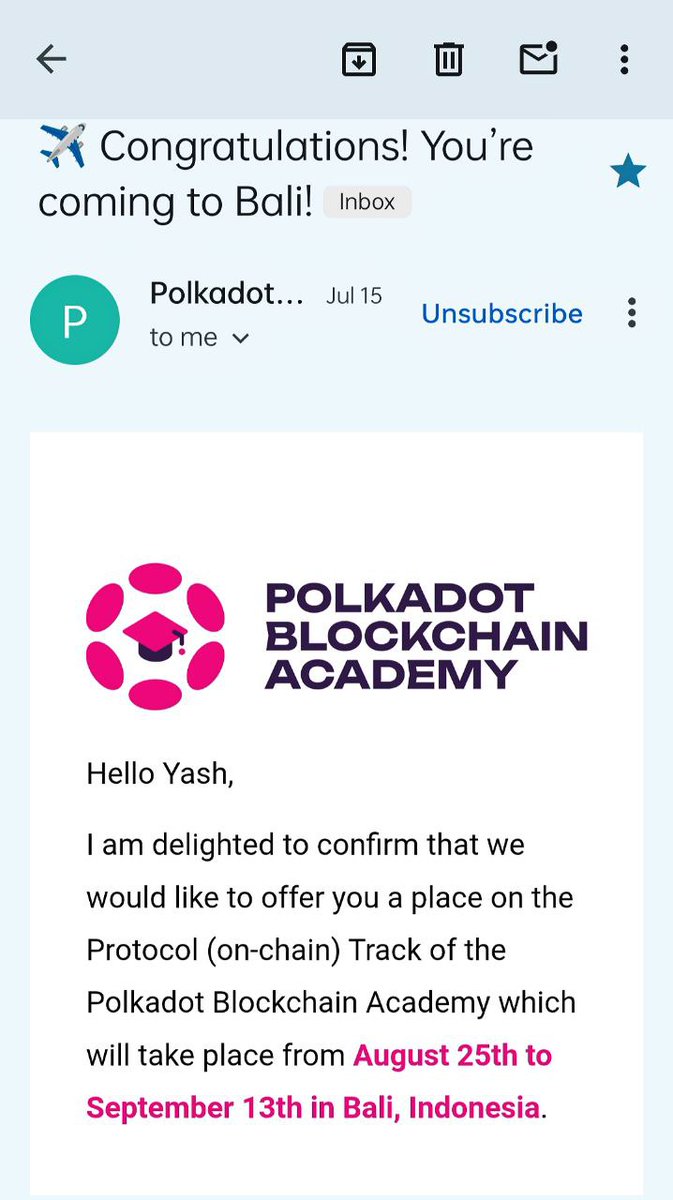 0xYash_Jain's tweet image. Heading to Bali! 🌴 
I’ll be at the Polkadot Blockchain Academy
diving into on-chain tech, Substrate, governance, and more. 
Huge thanks to the @Polkadot team, can’t wait to learn, build, and share! 🚀
@AcademyPolkadot 
#polkadotacademy #polkadotblockchainacademy