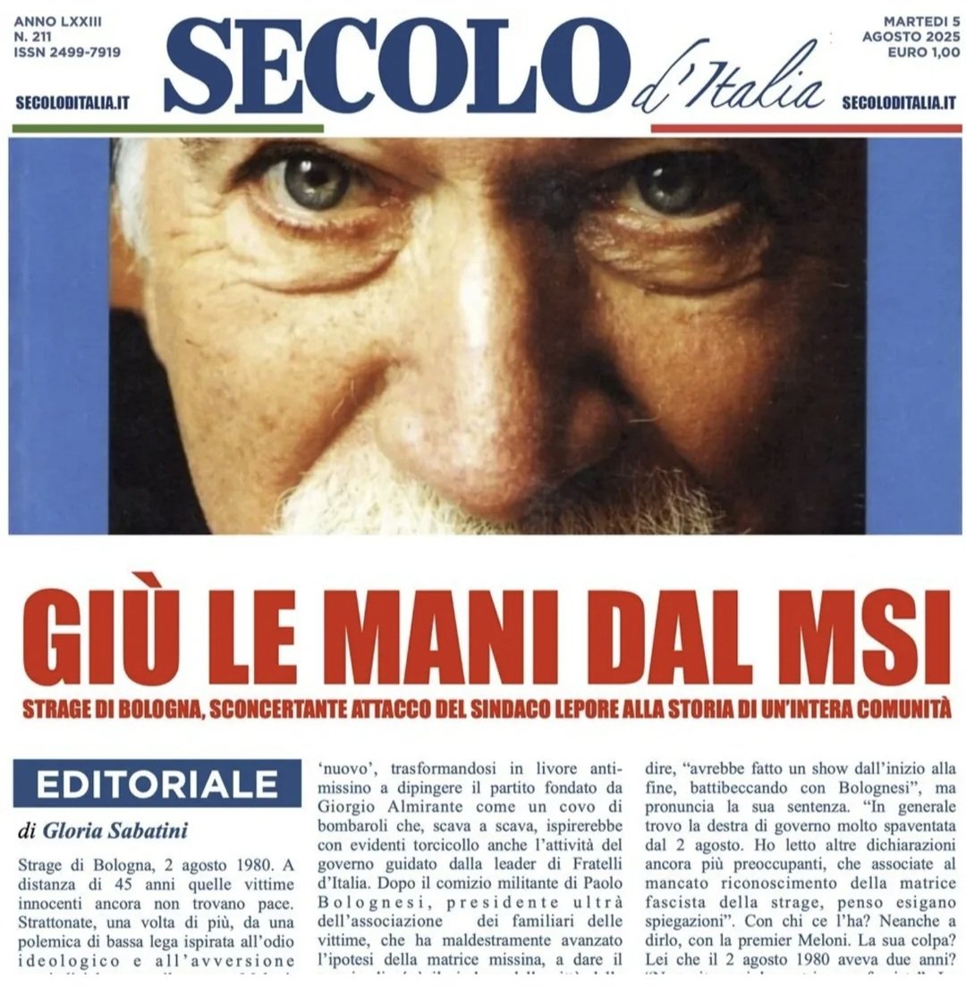 PBerizzi's tweet image. Il Secolo d'Italia - house organ del partito della fiamma (FdI) - difende la "storia di un'intera comunità". Quella missina che oggi governa l'Italia. E che ha come mito fondativo il razzista, fucilatore di partigiani e servo dei nazisti Giorgio Almirante. Fascisti in democrazia.