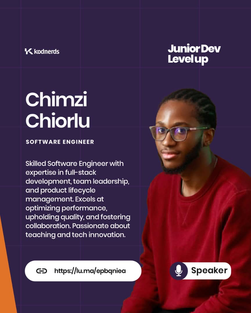 kodnerds's tweet image. Meet our speaker for Junior Dev Level Up!

Chimizi Chiorlu @cechiorlu , a skilled Software Engineer &amp;amp; mentor, is passionate about helping juniors level up and build solid portfolios.

Free registration: lu.ma/epbqniea
#JuniorDevLevelUp #Kodnerds #TechMentorship
