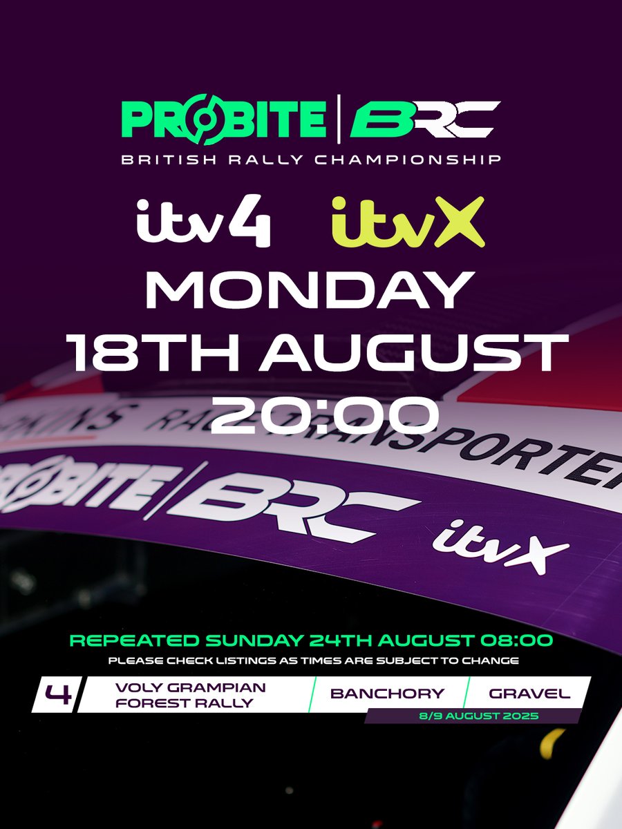 📺 <a href="/GrampianStages/">Grampian Forest Rally</a> TV Broadcast times 📆

👊 Catch up with all the action from the Grampian, which will hit your TV screens in the UK and ROI on ITV4 - Monday 18th August at 20:00 or 21:00 on ITV4+1.

Also available on ITVX, then repeated on Sunday 24th August at 8am.

#BRCRally
