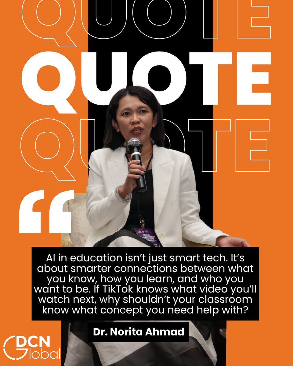 DCNGlobalNet's tweet image. AI in education isn’t about replacing teachers — it’s about building systems that know how we learn and where we need support.

We’re sharing insights from the DCN community, starting with Dr. Norita Ahmad from our Manila forum. #ForumVoices #AIinEducation #DigitalCommunity