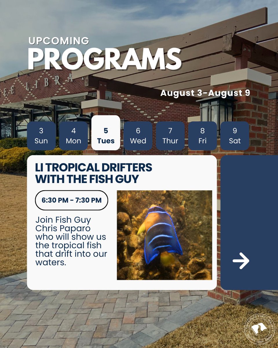 RivFreeLibrary's tweet image. 🎉 This week @ Riverhead Free Library:

🐠 Fish Guy Li &amp;amp; Tropical Drifters (8/5)
🧙‍♂️ Wizard of Oz Jeopardy (8/6)
🚚 LI Cares Food Assistance (8/7)
🎬 Movie Matinee: A Complete Unknown (8/8)

Something for everyone!

#RiverheadFreeLibrary #CommunityEvents