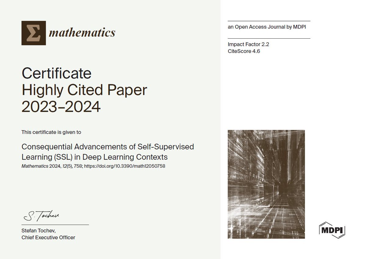 MathematicsMDPI's tweet image. 🚨 #Highly_Cited Spotlight (2023–2024 WoS)
📚 Title: Consequential Advancements of #Self_Supervised_Learning (#SSL) in #Deep_Learning Contexts
✒️ by Mohammed Majid Abdulrazzaq et al.
🔥 5,605+ views | 🔖 18 citations
🔗 brnw.ch/21wUFV9
@MDPIOpenAccess @ComSciMath_Mdpi