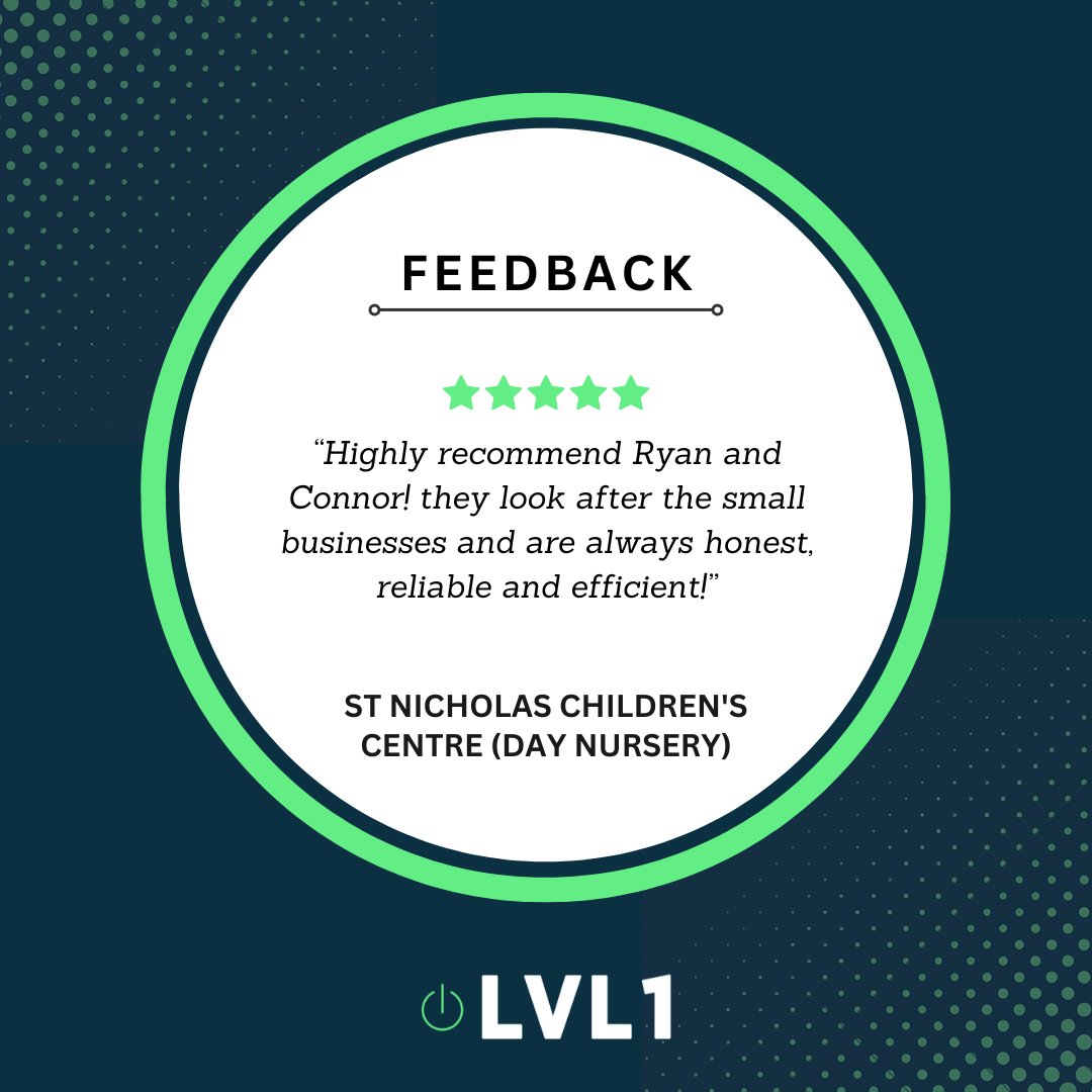 LVL1_Ltd's tweet image. We love hearing from our clients. Thanks St Nicholas Children&apos;s Centre for the kind words, proud to support great teams doing great work! ⭐⭐⭐⭐⭐ #itsupport #lvl1 #supportinglocalbusiness