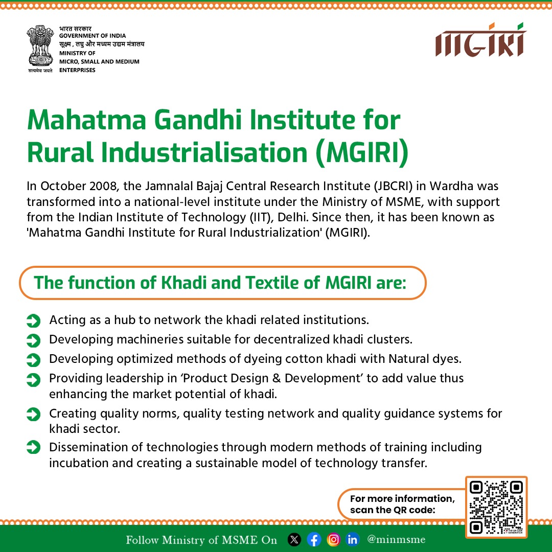 The  Khadi and Textiles Division of MGIRI is dedicated to promoting and optimizing methods for khadi-related institutions and enhancing the market potential of khadi.

#MSME #PMVishwakarma #scsthub #coir #KVIC #Khadi #NSIC #MGIRI #NIMSME #employment #Empowerment #Entrepreneurship