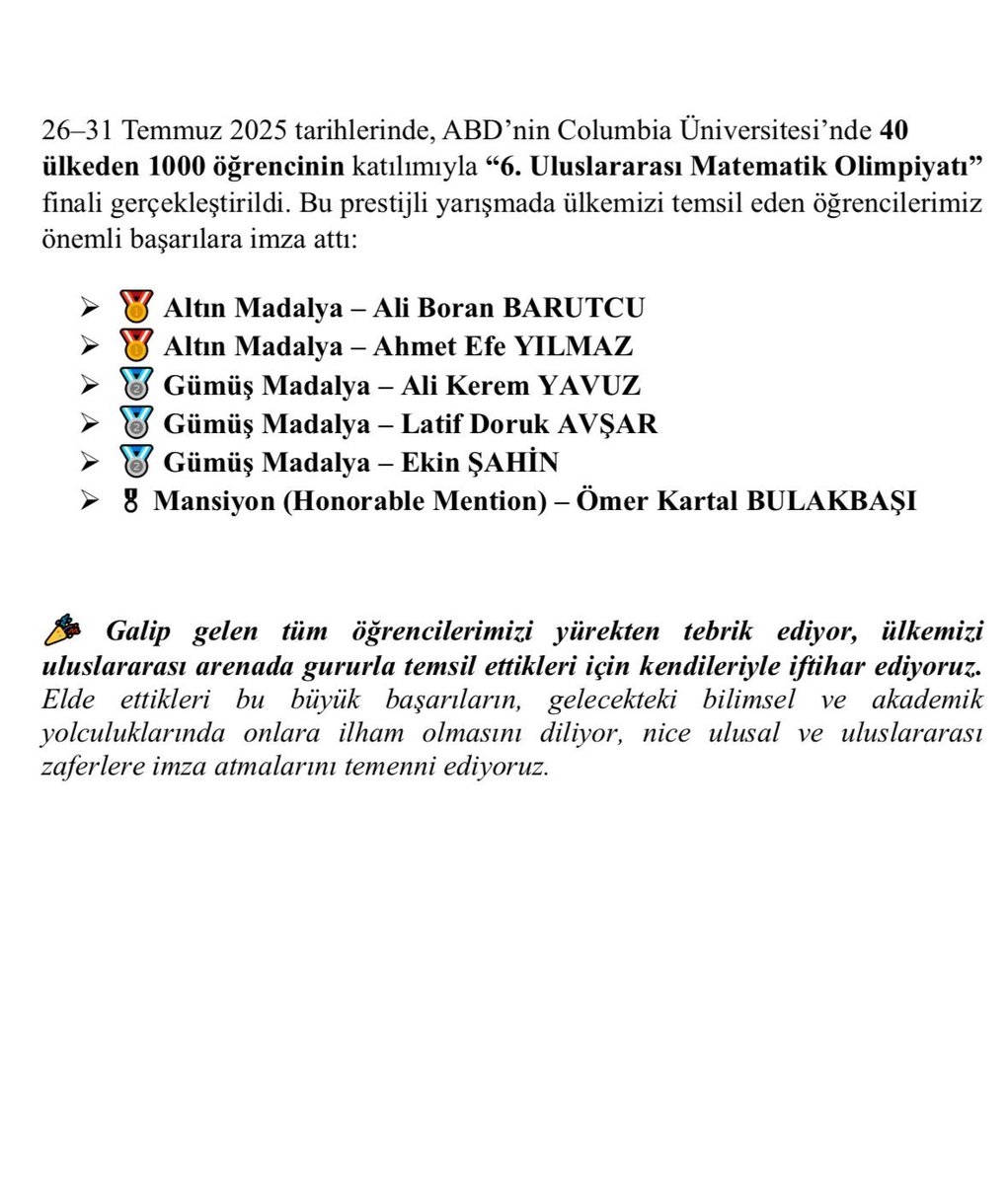 Esenyurt Bilim ve Sanat Merkezi Öğrencimiz Latif Doruk Avşar, Amerika Birleşik Devletleri’de Columbia Üniversitesi’nde düzenlenen 6. Uluslararası Copernicus Matematik Olimpiyatında ‘Gümüş Madalya’ kazanarak uluslararası bir başarıya imza attı. 

Bu önemli başarıda emeği geçen