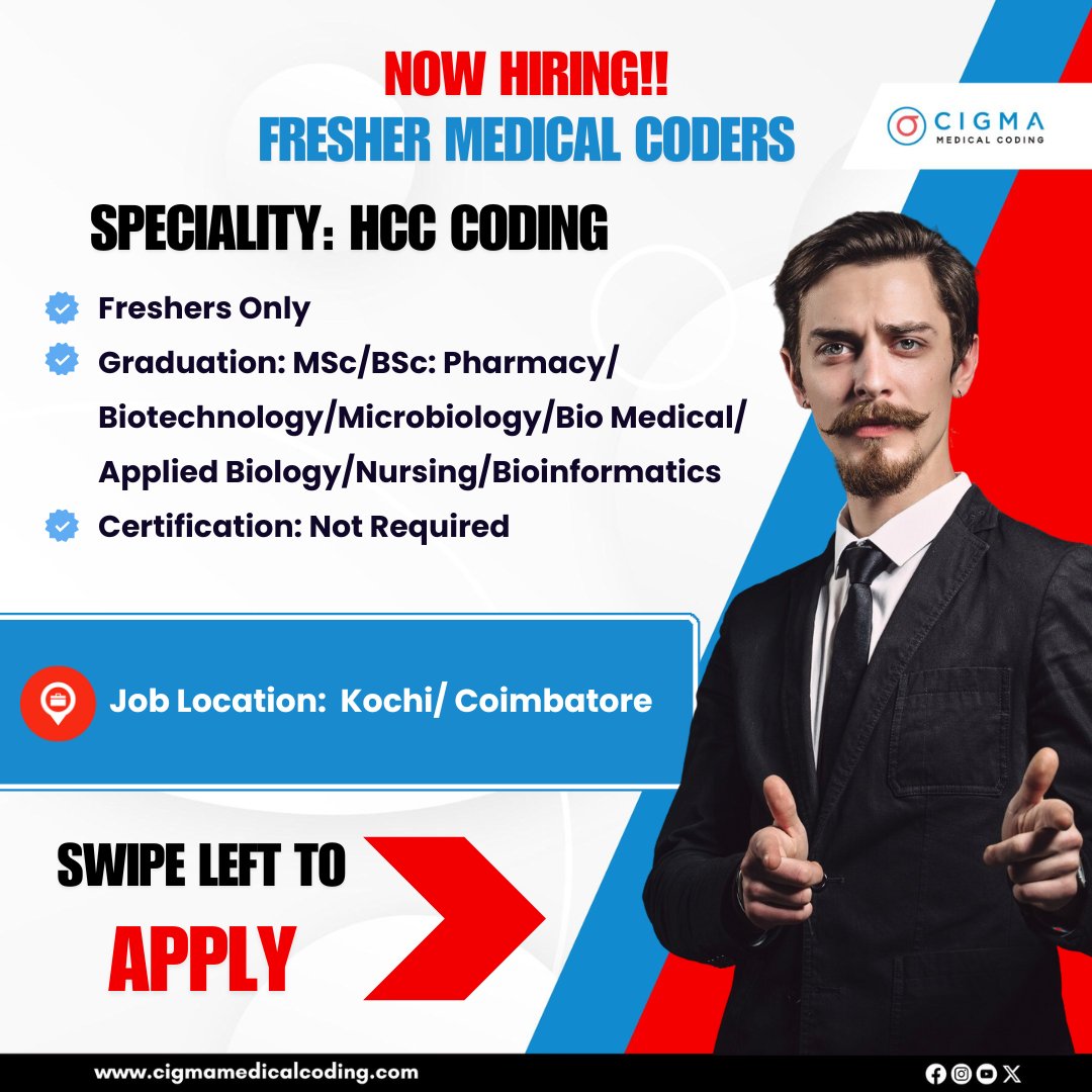 cigmahealthcare's tweet image. Vacancy for Medical Coding Freshers 

Kochi: cigmamedicalcoding.com/job-vacancies/…

Coimbatore: cigmamedicalcoding.com/job-vacancies/…

Apply Now!

#MedicalCodingJobs #HCCCoding #FreshersHiring #LifeScienceGraduates #MedicalCoder #JobsInKochi #JobsInCoimbatore #CigmaMedicalCoding