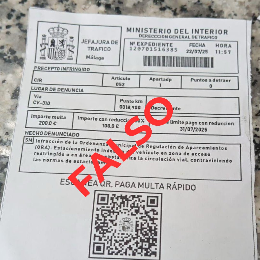 🎣⚠️ Aparte de las faltas de ortografía y de que es una supuesta multa de la ORA, de competencia local, no hay identificación alguna ni del vehículo ni del titular, e incluye un código QR, lo que no sucede en las notificaciones de la #DGT. Ni  lo pienses, es #FRAUDE. #NoPiques
