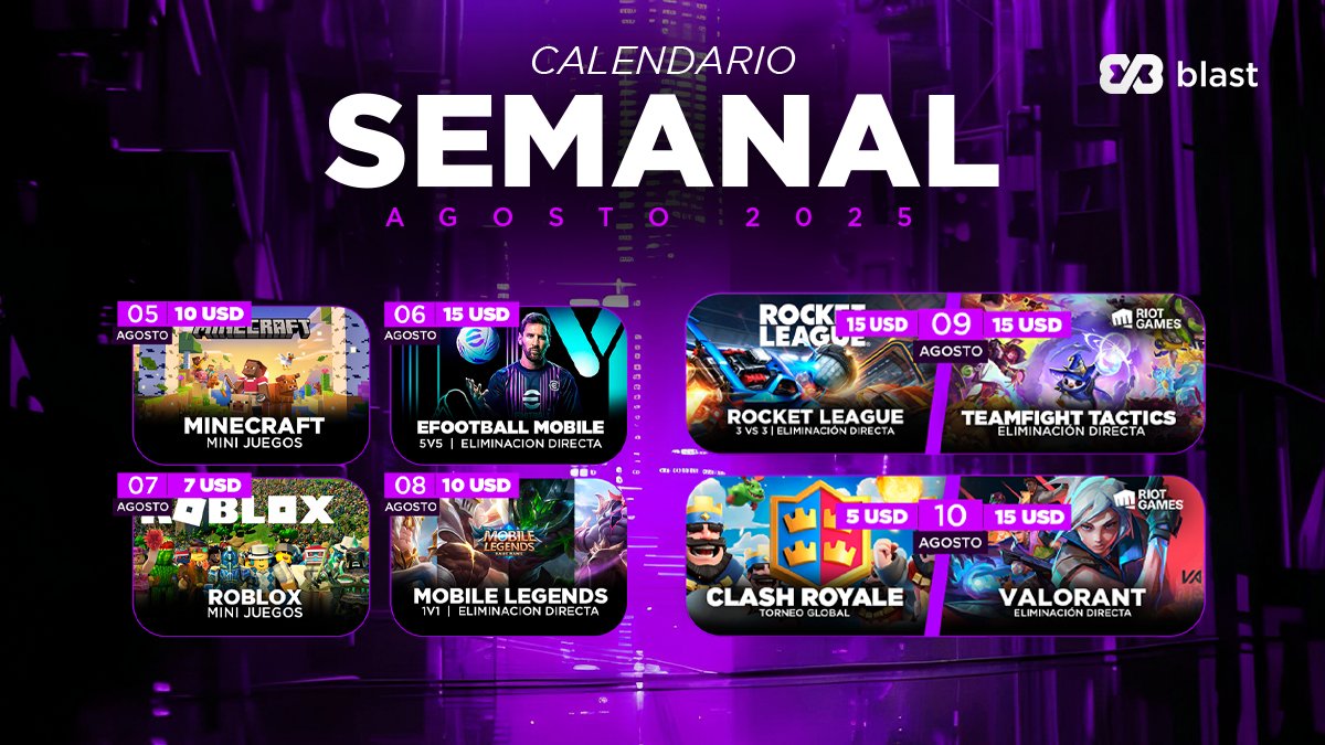 🔥 ¿Qué vas a jugar esta vez?
Del 5 al 10 de agosto, te esperan desafíos diarios con premios en USD:

🟣 Minecraft
🔵 eFootball
🟠 Rocket League
🧠 TFT
🟡 Roblox
⚔️ MLBB
👑 Clash Royale
🎯 Valorant

👉 Inscribite gratis → app.blast.gg