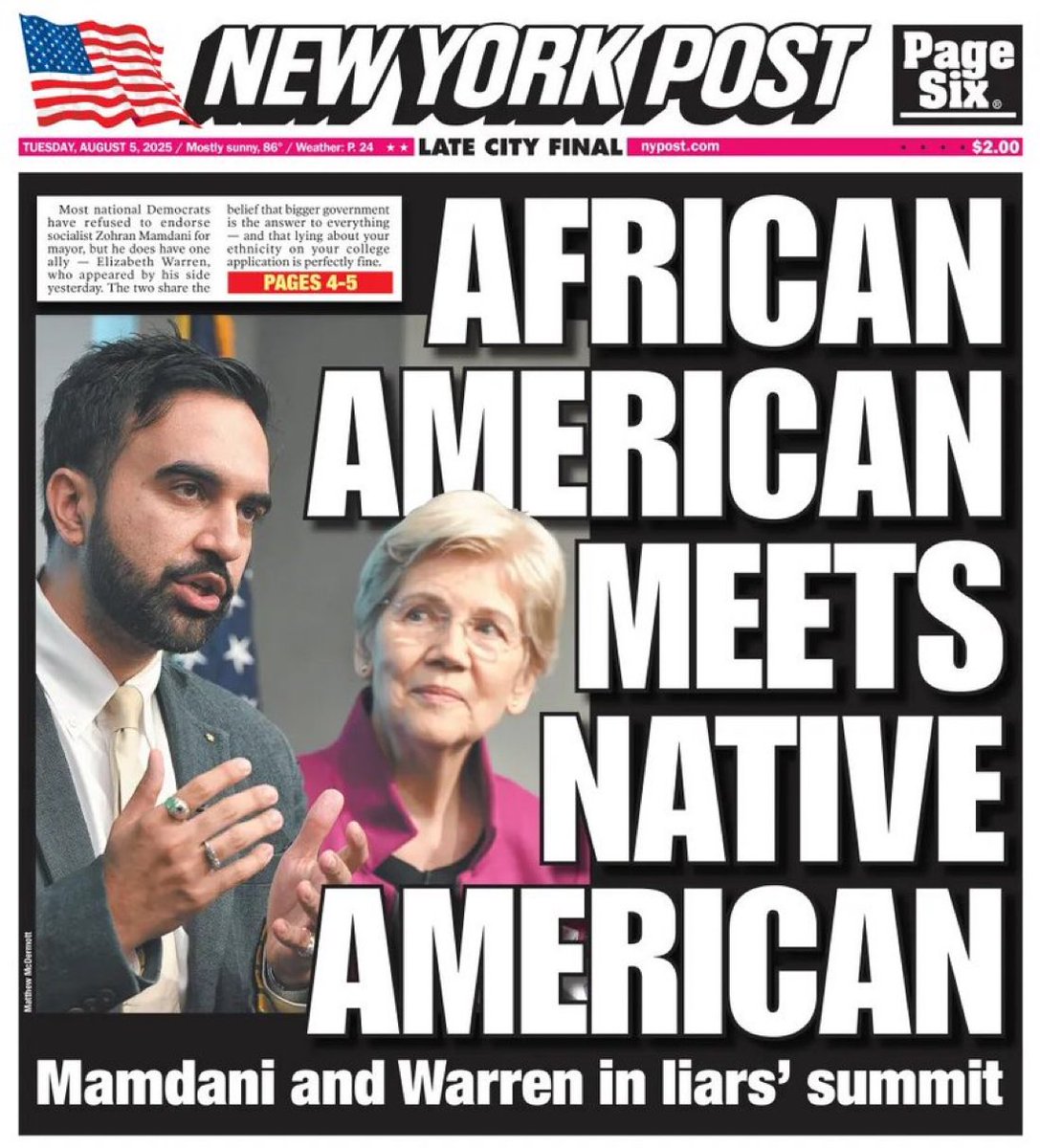 🚨 LMAO! Today’s New York Post Cover - “African American meets Native American”