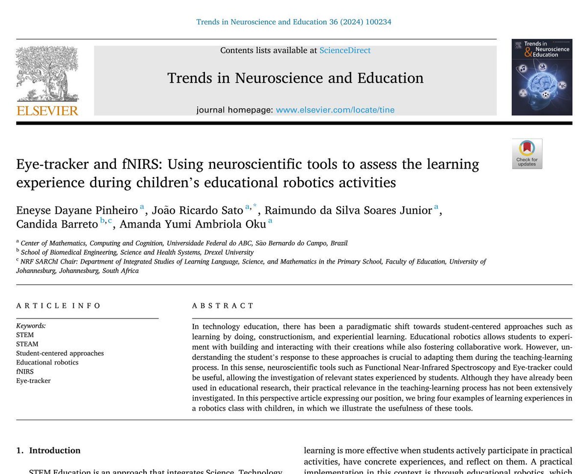 NIRx_NIRS's tweet image. 🤖🧠 How do students respond to educational robotics?

In this series of four case studies using #fNIRS + eye-tracking, Pinheiro et al. explore children&apos;s brain activity and attention in hands-on robotics classes.

🔗 doi.org/10.1016/j.tine…

#Hyperscanning #STEMLearning #Satori