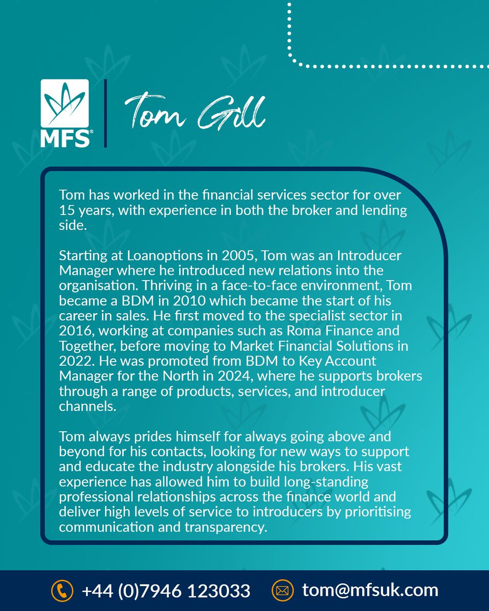 Market Financial Solutions (@mfsbridging) on Twitter photo Meet Tom Gill – Regional Sales Manager for the North
With a career spanning nearly two decades, Tom brings a wealth of experience across bridging, BTL, second charge, and commercial lending.
📞 +44 (0)7946 123033
📧 tom@mfsuk.com
Find your local BDM: hubs.li/Q03BhY7X0 Meet Tom Gill – Regional Sales Manager for the North
With a career spanning nearly two decades, Tom brings a wealth of experience across bridging, BTL, second charge, and commercial lending.
📞 +44 (0)7946 123033
📧 tom@mfsuk.com
Find your local BDM: hubs.li/Q03BhY7X0