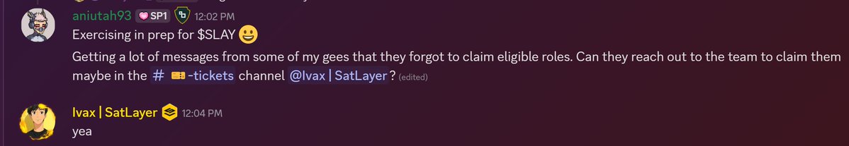 aniutah (@migbassi) on Twitter photo I've just confirmed that you can still claim roles you're eligible for by opening a ticket on <a href="/satlayer/">SatLayer 🟨🧊</a> DC. So, if you're certain that you completed the required tasks head to DC and the team will work on it.
Tagging some SatLayer chads who might need this and those who can push I've just confirmed that you can still claim roles you're eligible for by opening a ticket on <a href="/satlayer/">SatLayer 🟨🧊</a> DC. So, if you're certain that you completed the required tasks head to DC and the team will work on it.
Tagging some SatLayer chads who might need this and those who can push